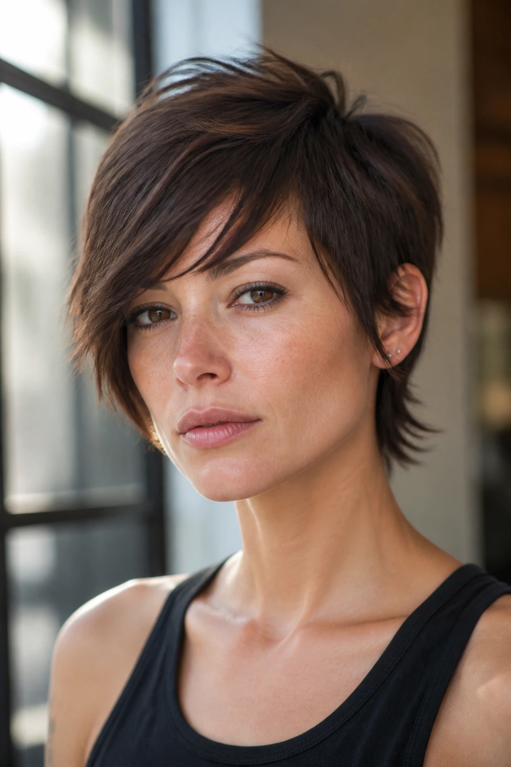 Real woman with Side-Swept Micro Wolf Cut under cafe light