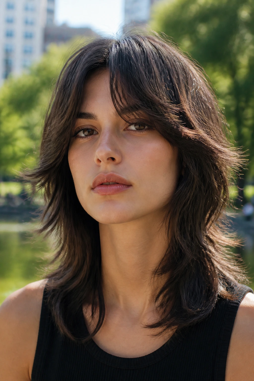 Portrait of a woman with modern wolf cut at midi length