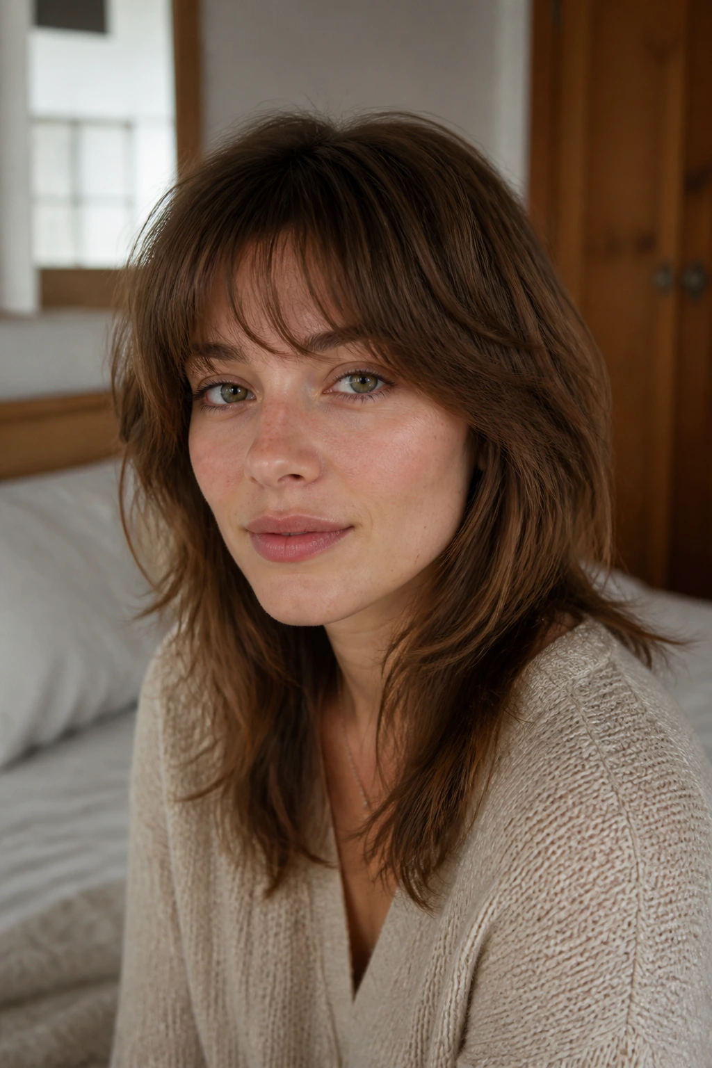 Close-up of a real person with a minimalist wolf cut and quiet layers in natural window light.