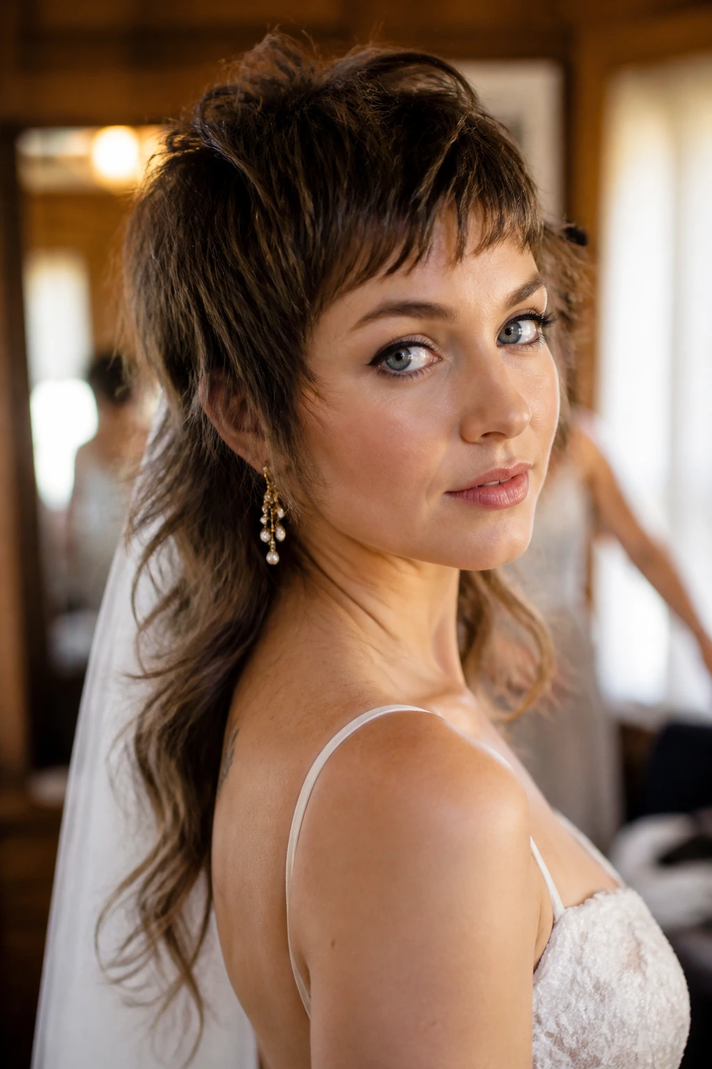 Close-up bride with wolf-cut mullet in warm bridal dressing room