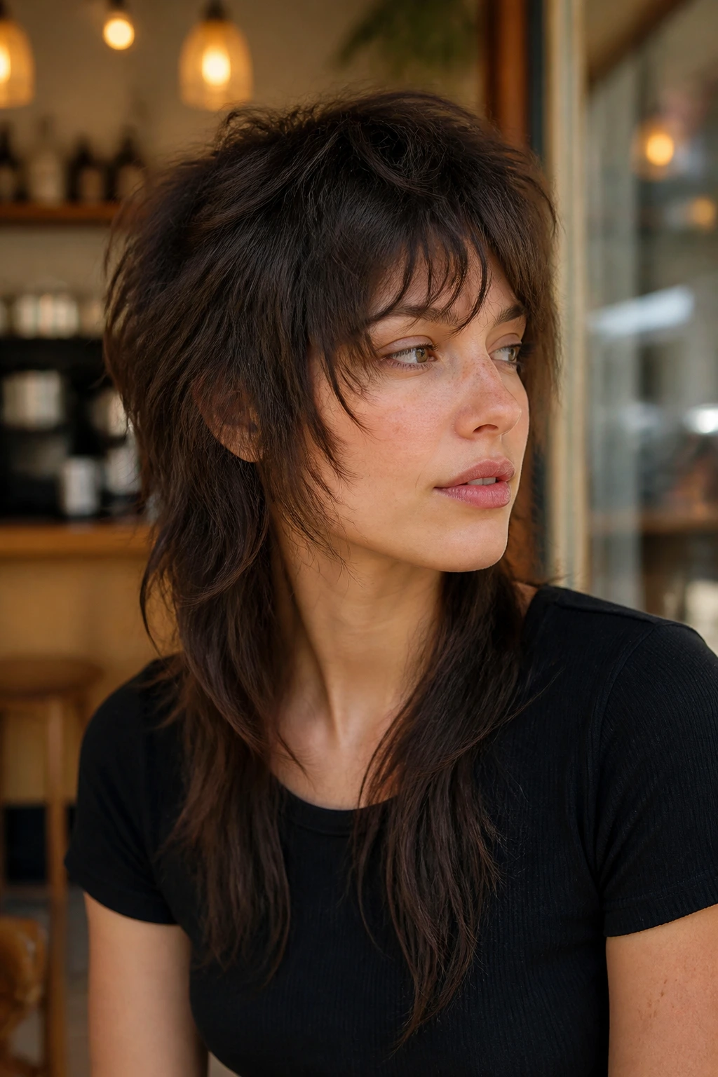 Medium close-up of real woman with wolf-cut mullet showing choppy crown layers