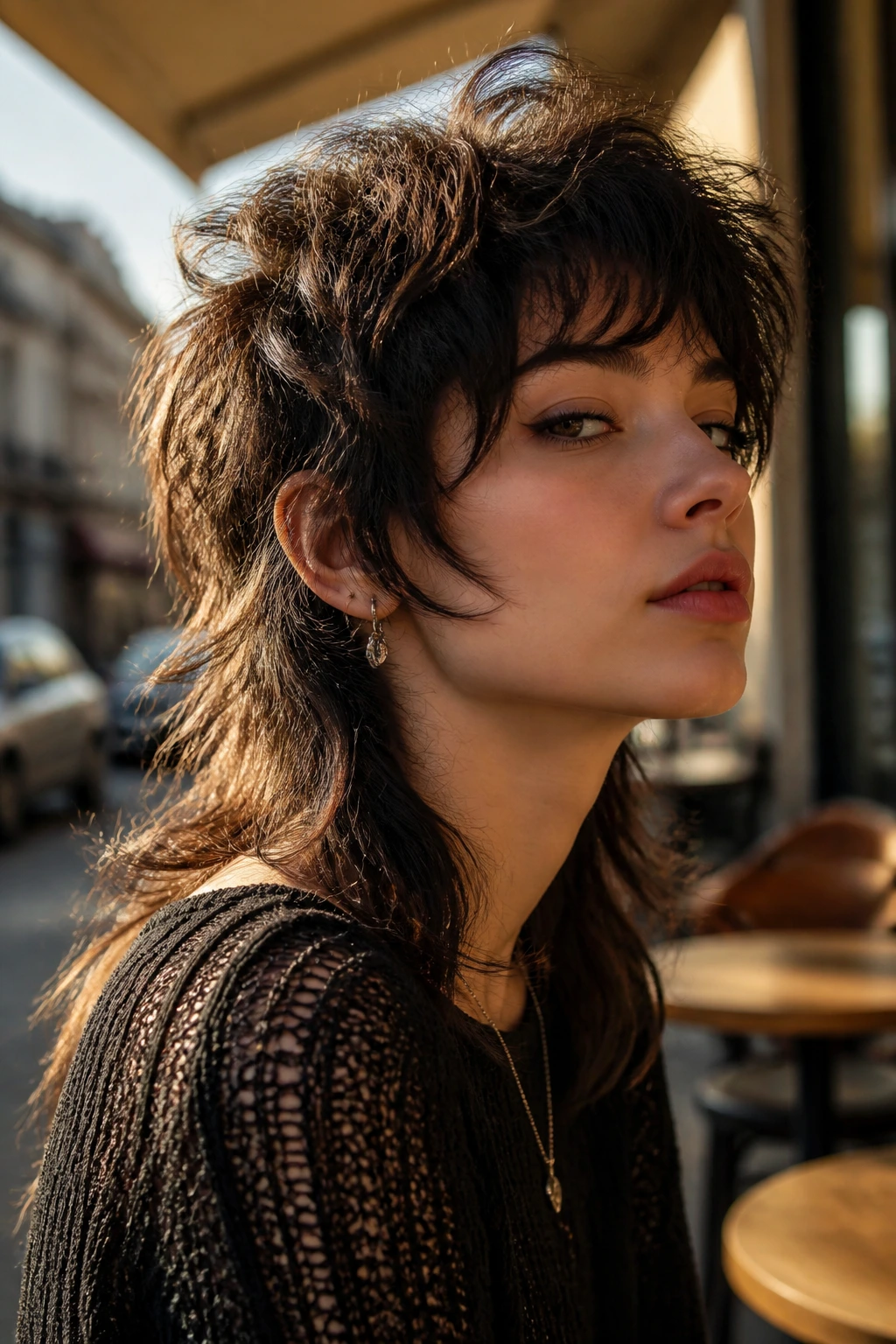 Portrait of a woman with wolf-cut mullet featuring voluminous top and longer back