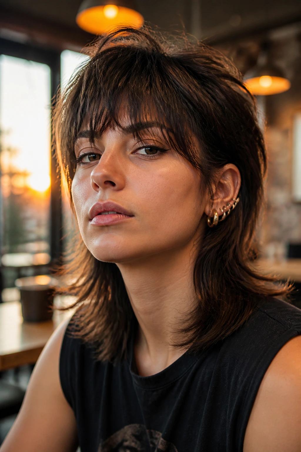 Portrait of real person with wolf-cut shoulder length mullet in urban setting
