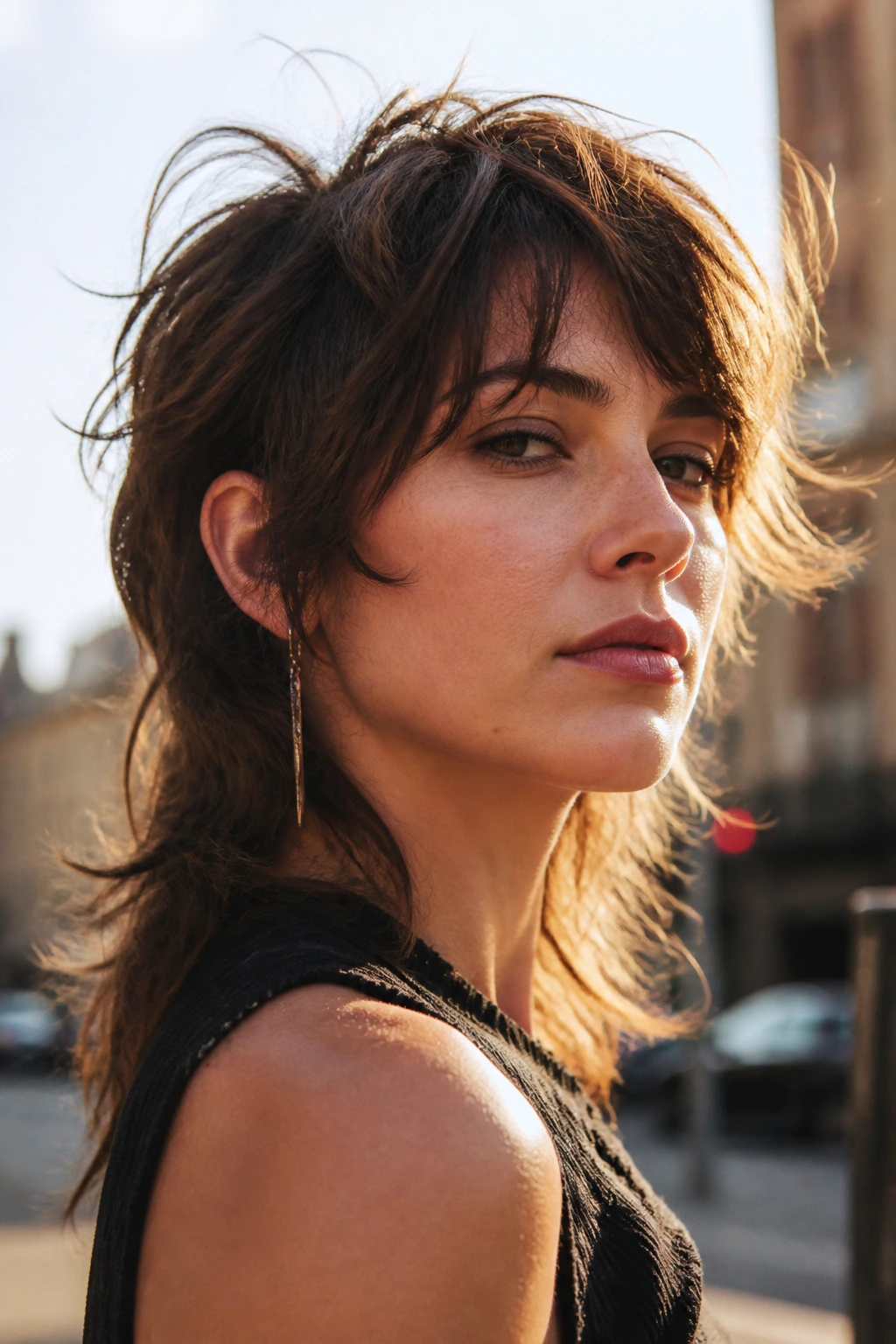 Portrait of a person with wolf-cut mullet showing heavy texture