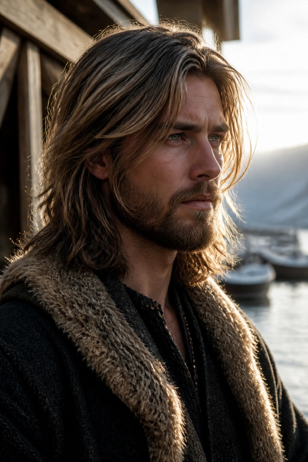 Close-up of a real man with a shoulder-length wolf cut and Nordic texture