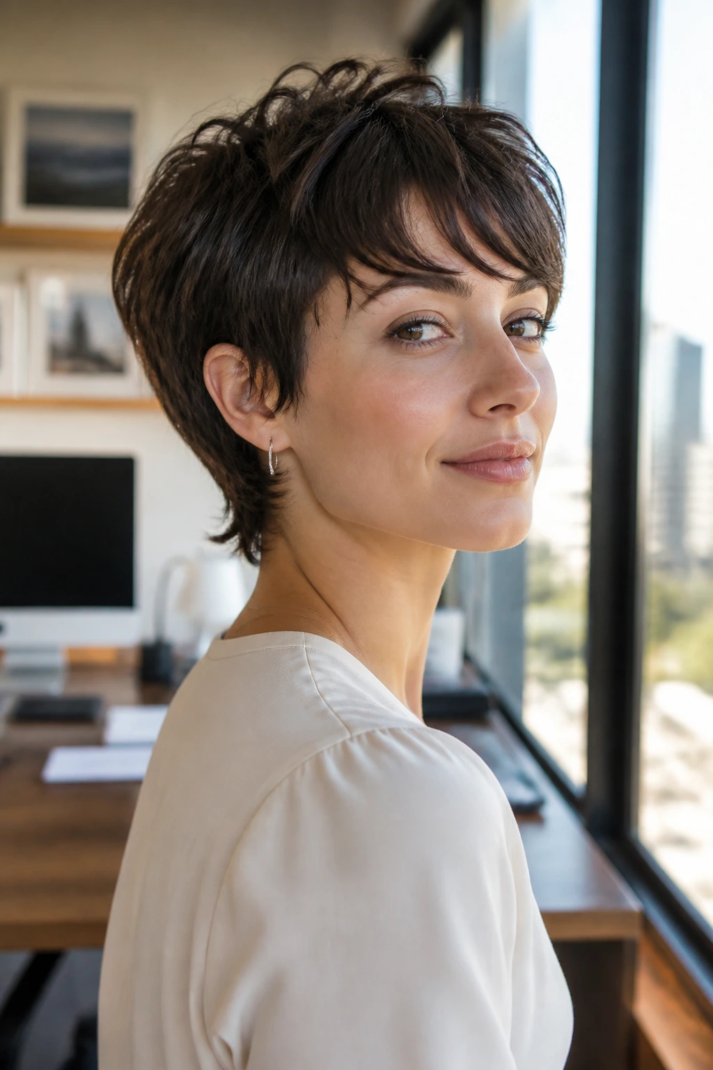 Real woman close-up with an office-soft wolf cut in a bright office setting.