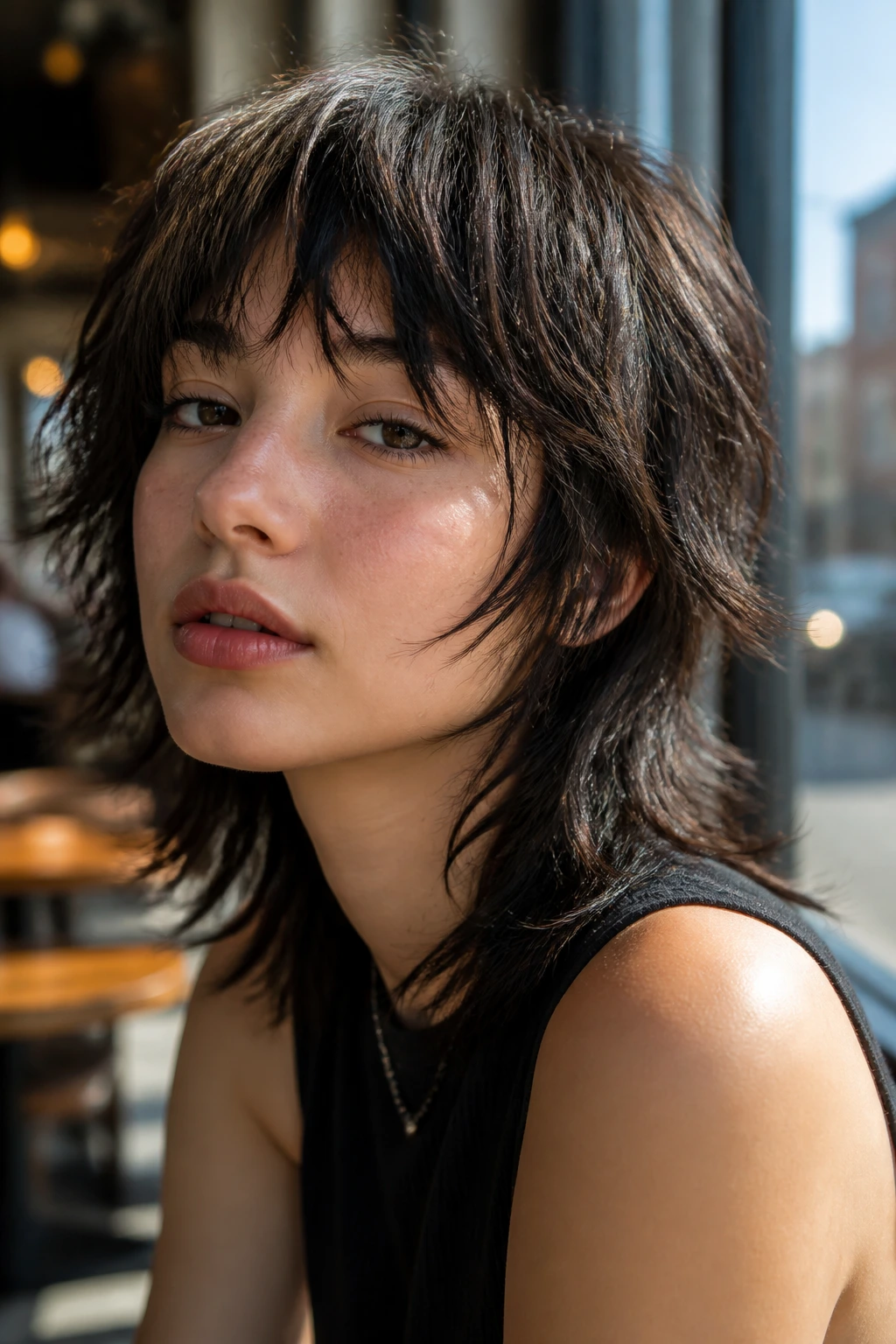 Close-up of a real woman with a choppy wolf cut and piecey bangs in sunlit setting