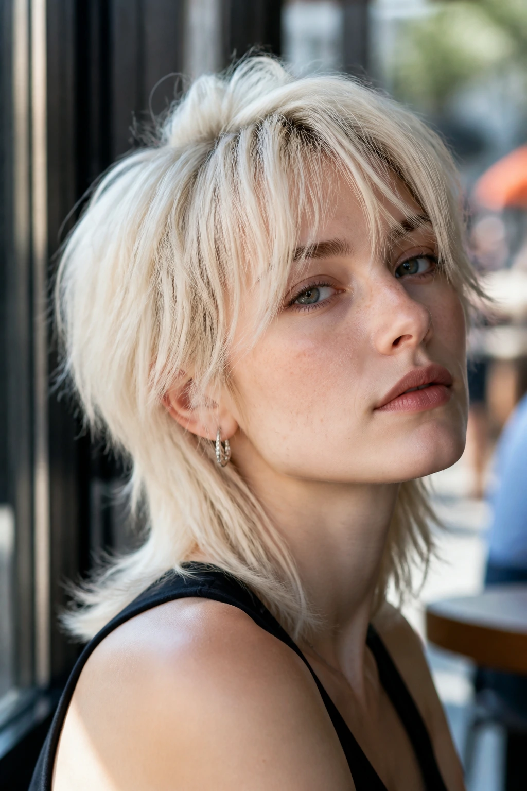 Portrait of a person with a wolf-cut lite on pale skin
