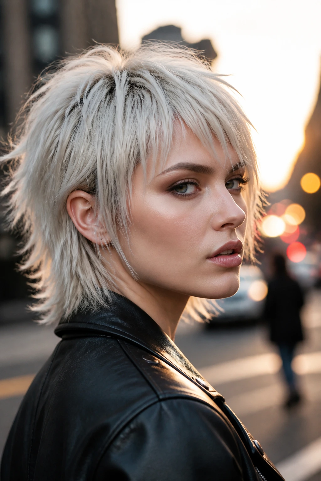 Real woman with Platinum Ice Wolf Cut in golden hour city light