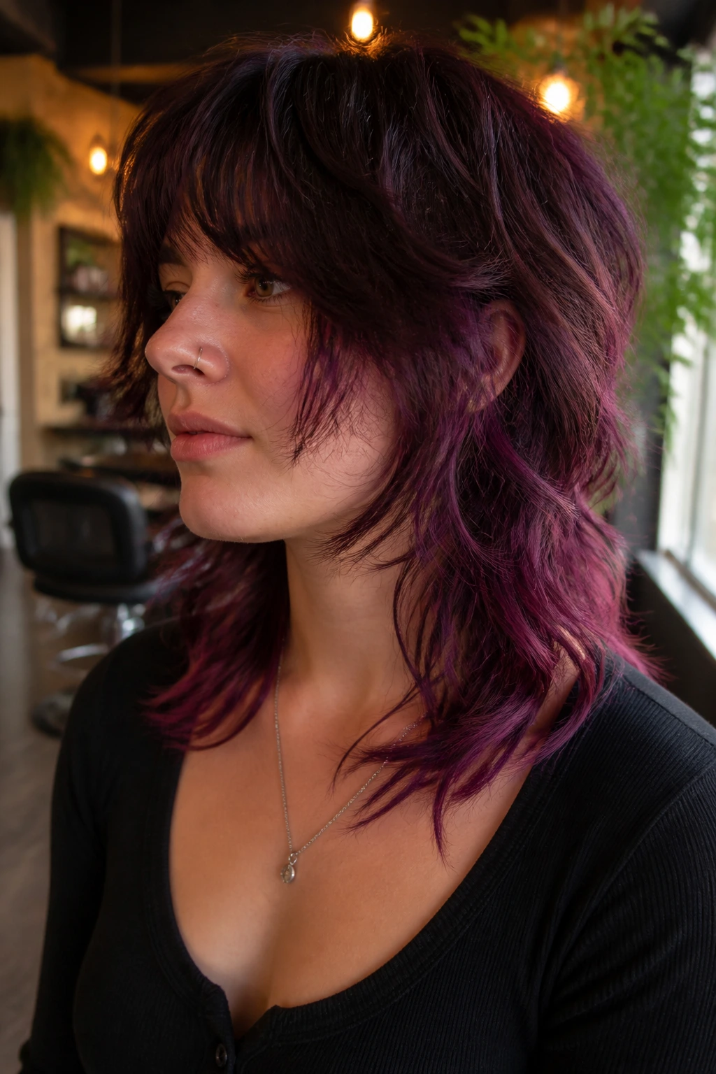 Close-up portrait of a real woman with black cherry wolf cut and plum underlights