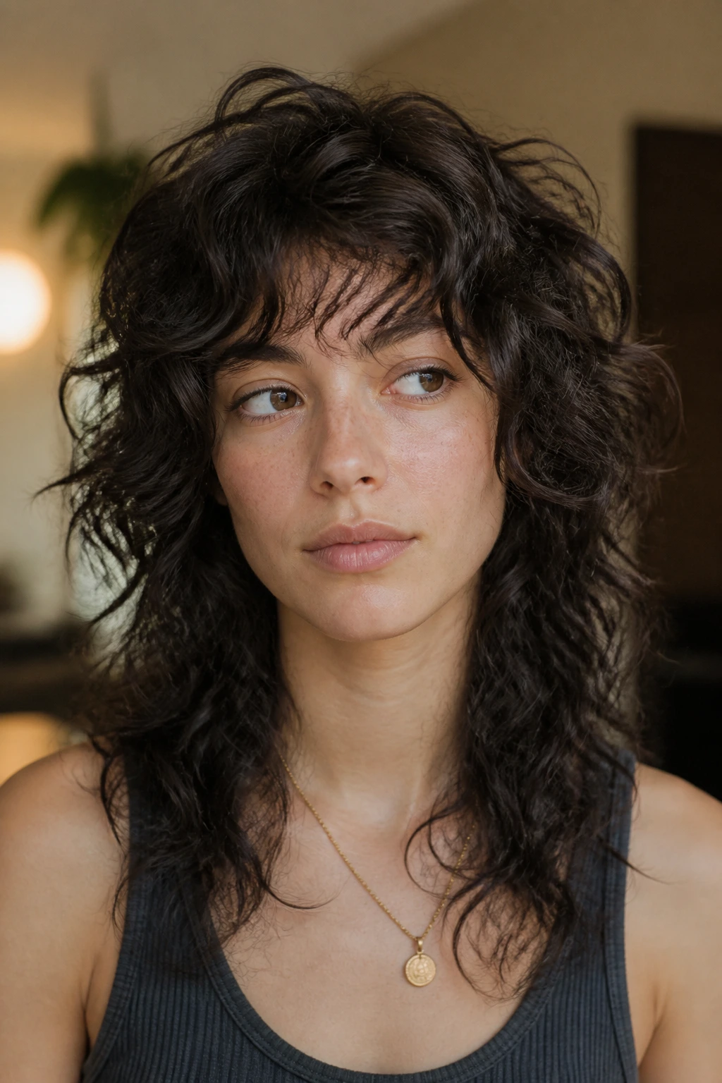 Close-up of a real person with a soft wolf shag hairstyle