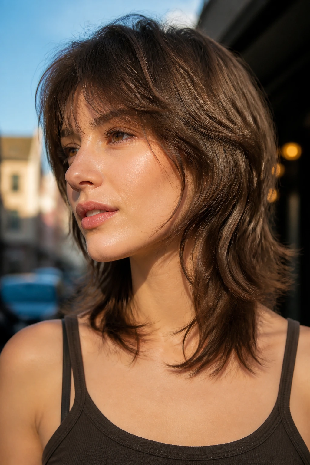 Portrait of a real person with a soft wolf cut showing crown lift and longer nape