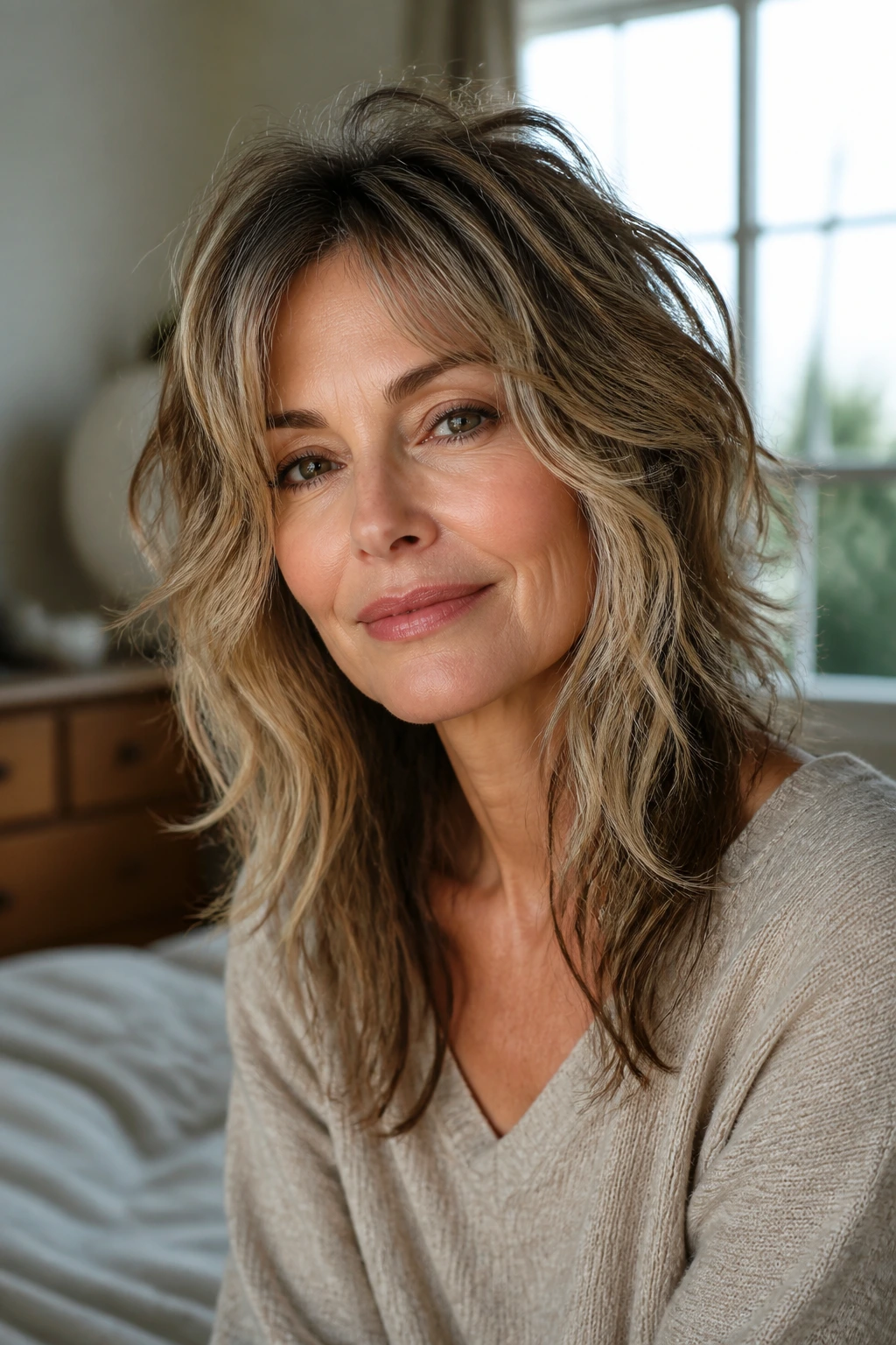 Close-up portrait of a real woman with aTousled Wolf Cut with Longer Front Pieces in a sunlit bedroom