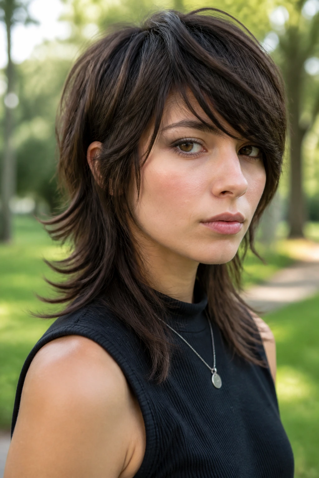 Portrait of a real woman with a wolf-cut and side bang in soft daylight.