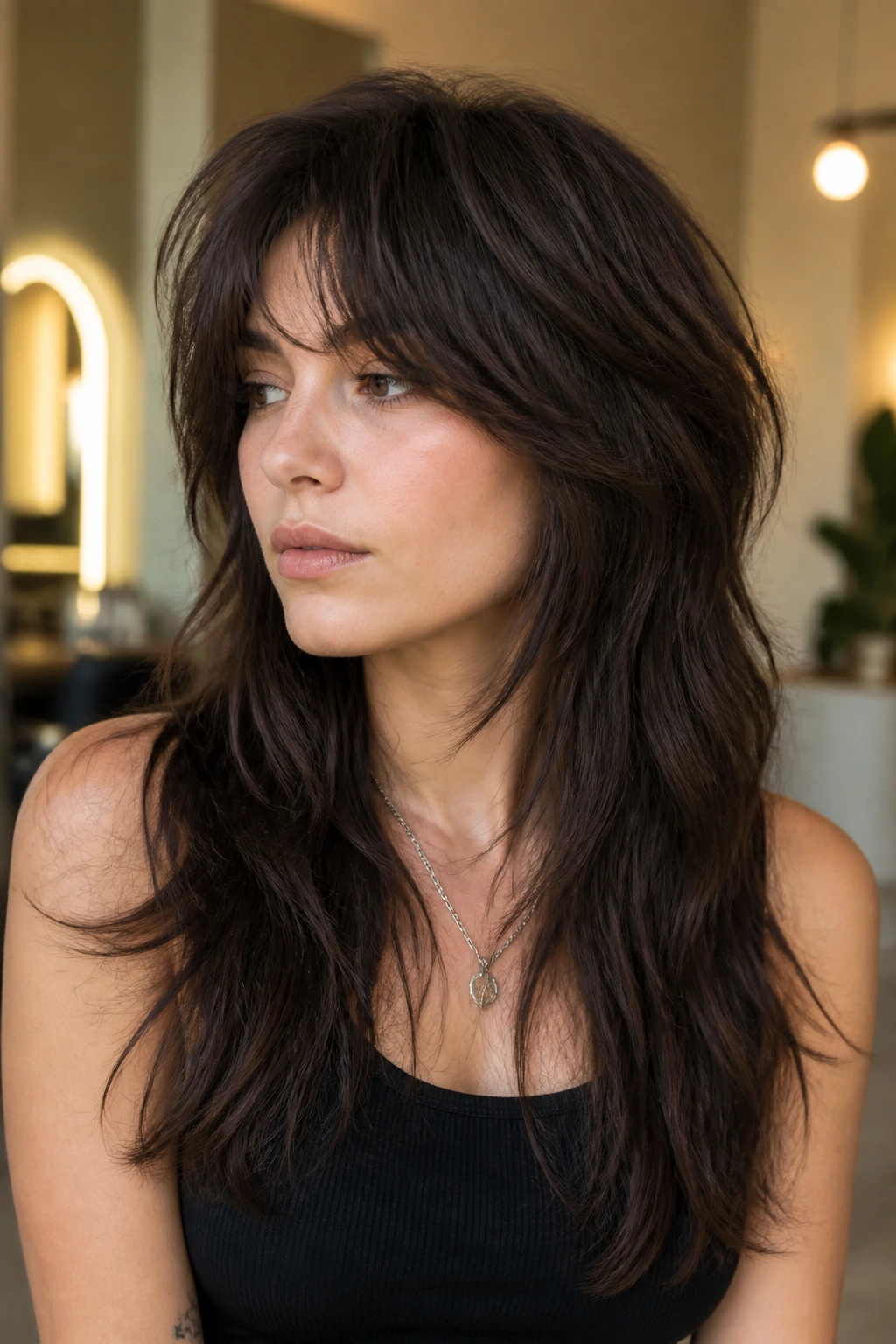 Close-up of a real person with a long wolf cut and soft razor ends on thick hair.