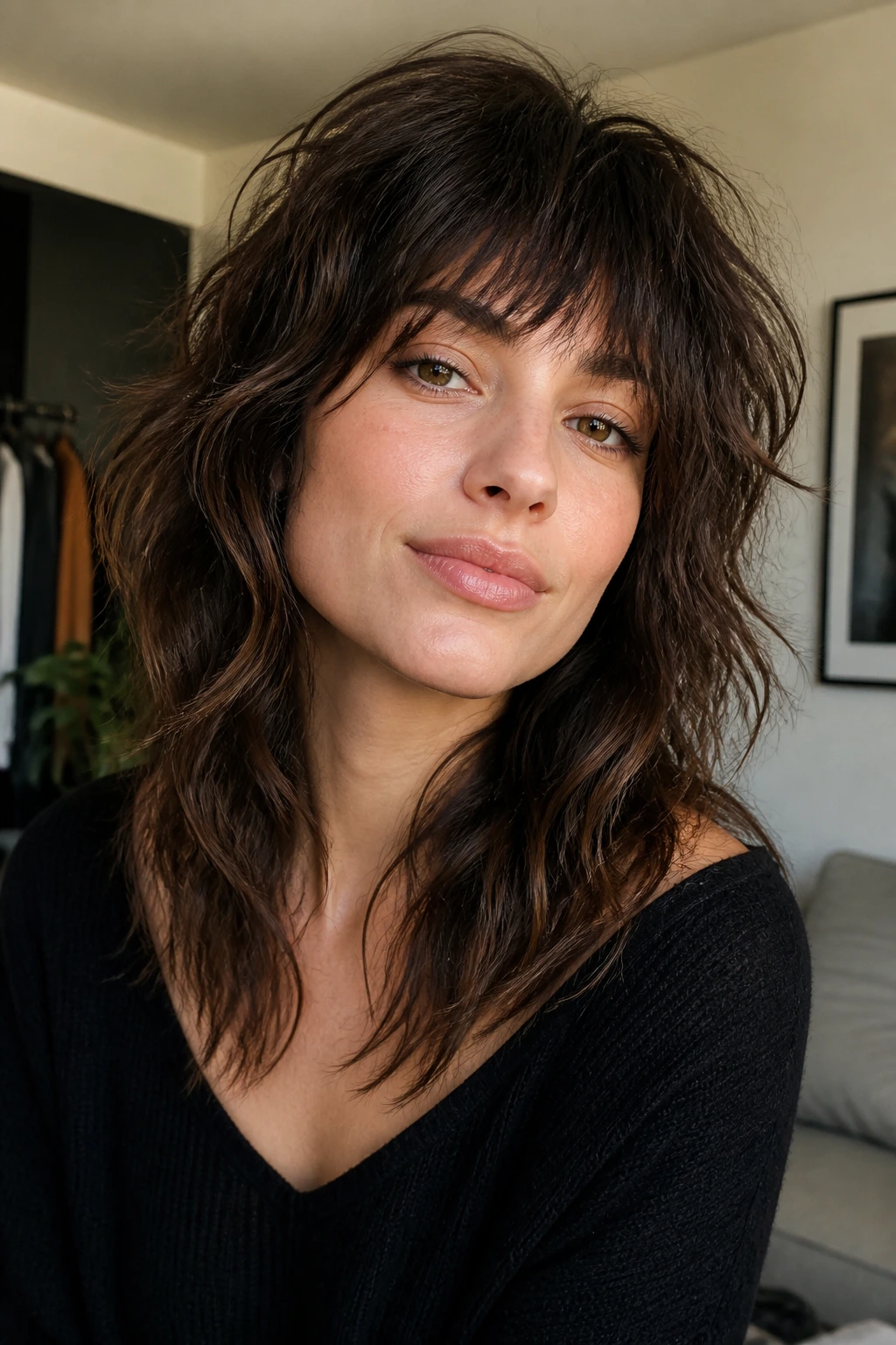 Close-up portrait of a real woman with razor-textured wolf cut.