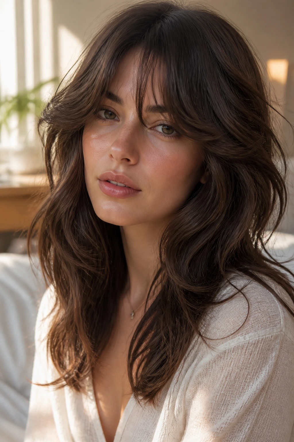 Close-up portrait of a real woman with long bangs and romantic wolf cut in soft window light