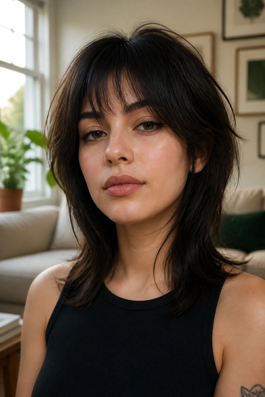 Close-up portrait of a real woman with a modern wolf cut showing airy crown and soft layers.