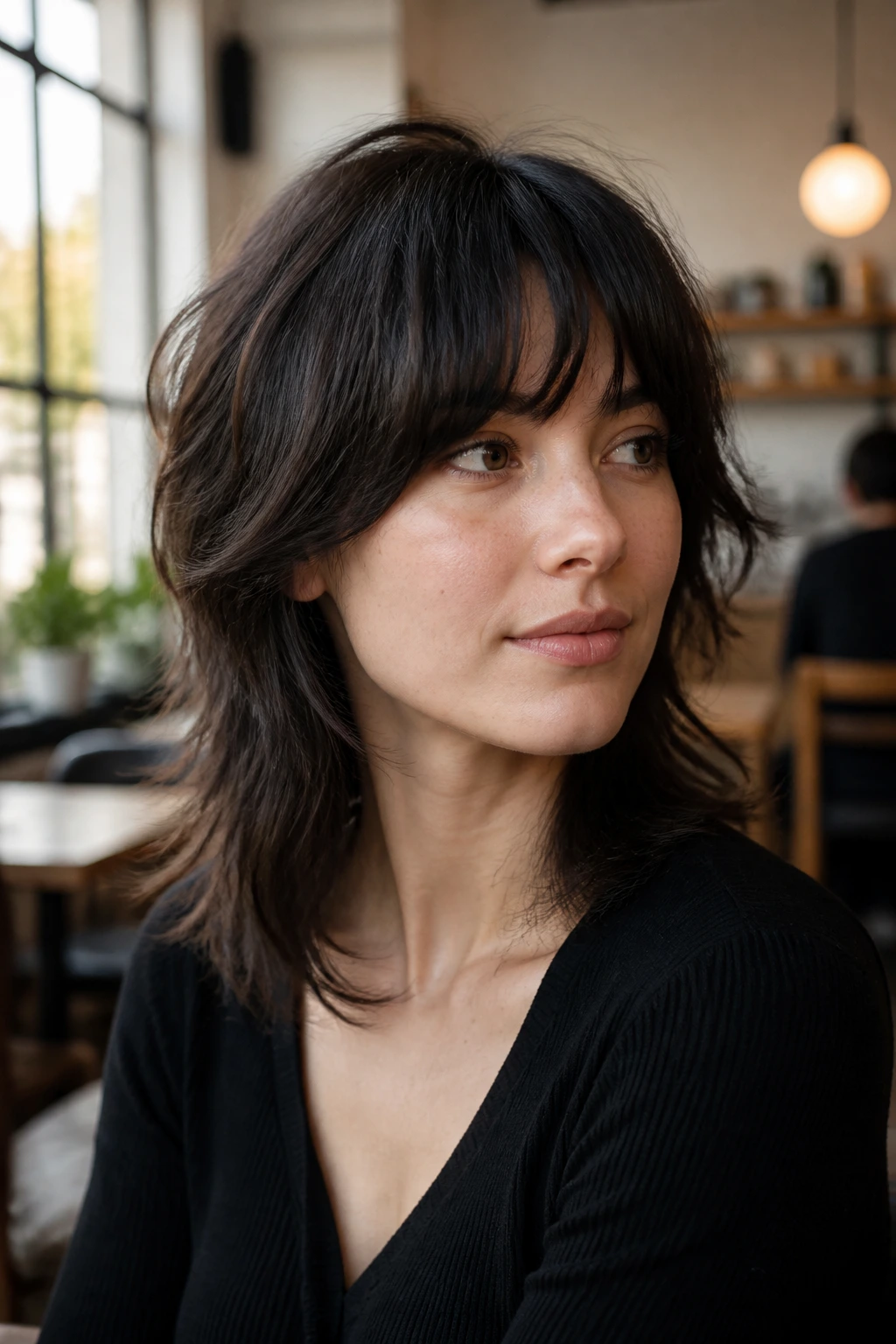 Close-up portrait of a real woman with a soft wolf cut and rounded bangs in warm cafe light