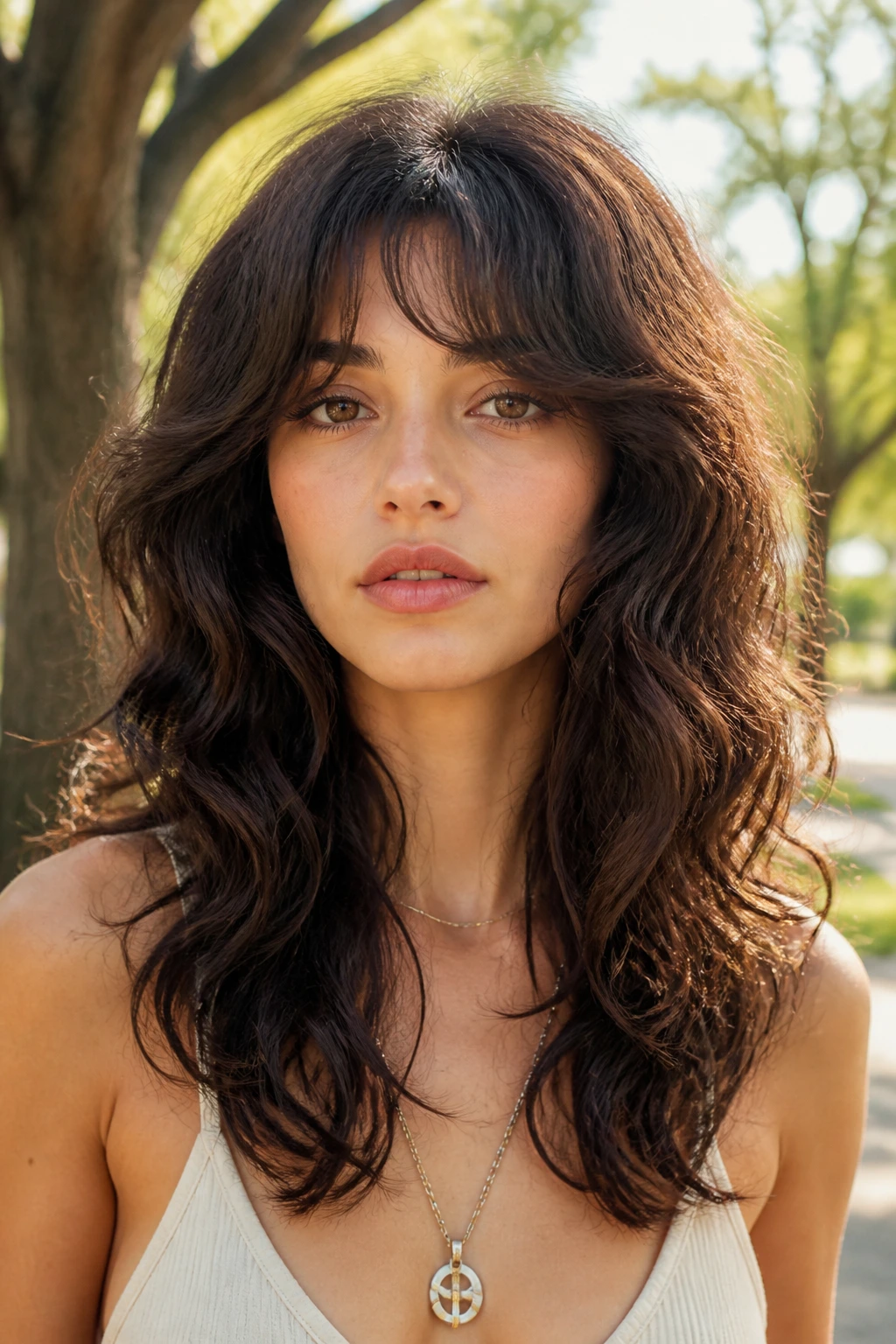 Portrait of a real person with rounded silhouette wolf cut and soft, full shape.