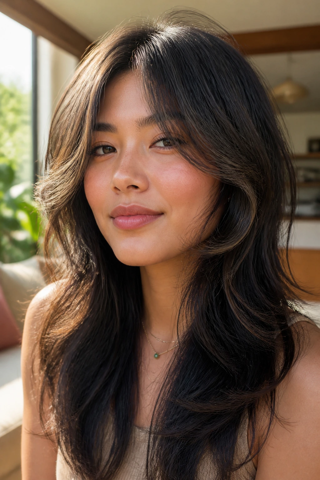 Close-up portrait of a real woman with a long wolf cut featuring an S-curve face frame in warm window light