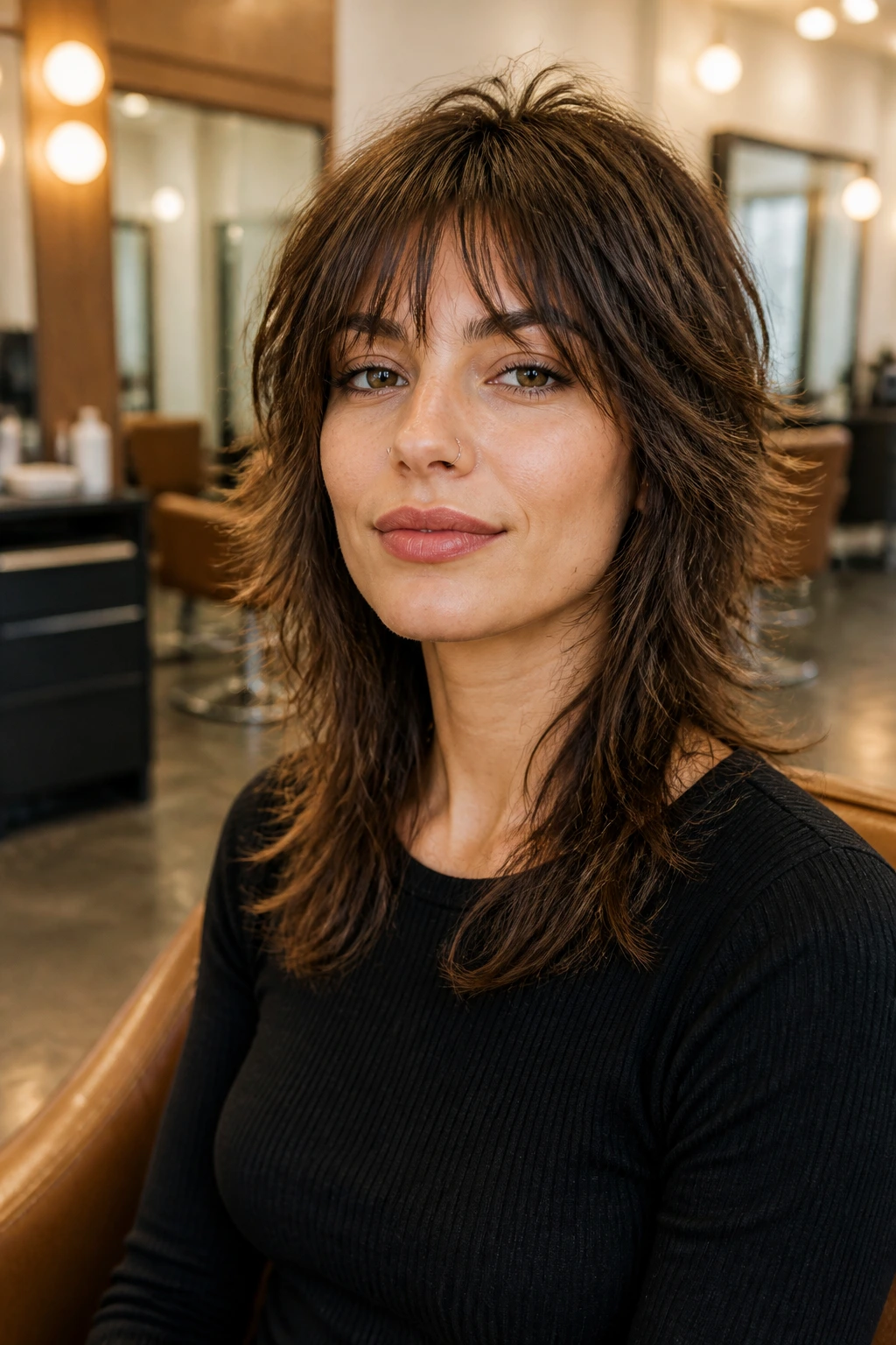 Real person with wolf cut in a salon chair, looking at camera.