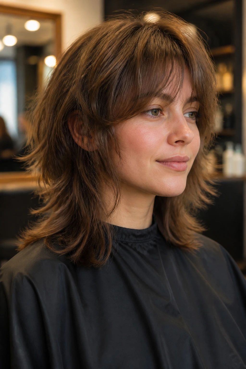 Portrait of a person in a salon chair with a wolf-cut hairstyle
