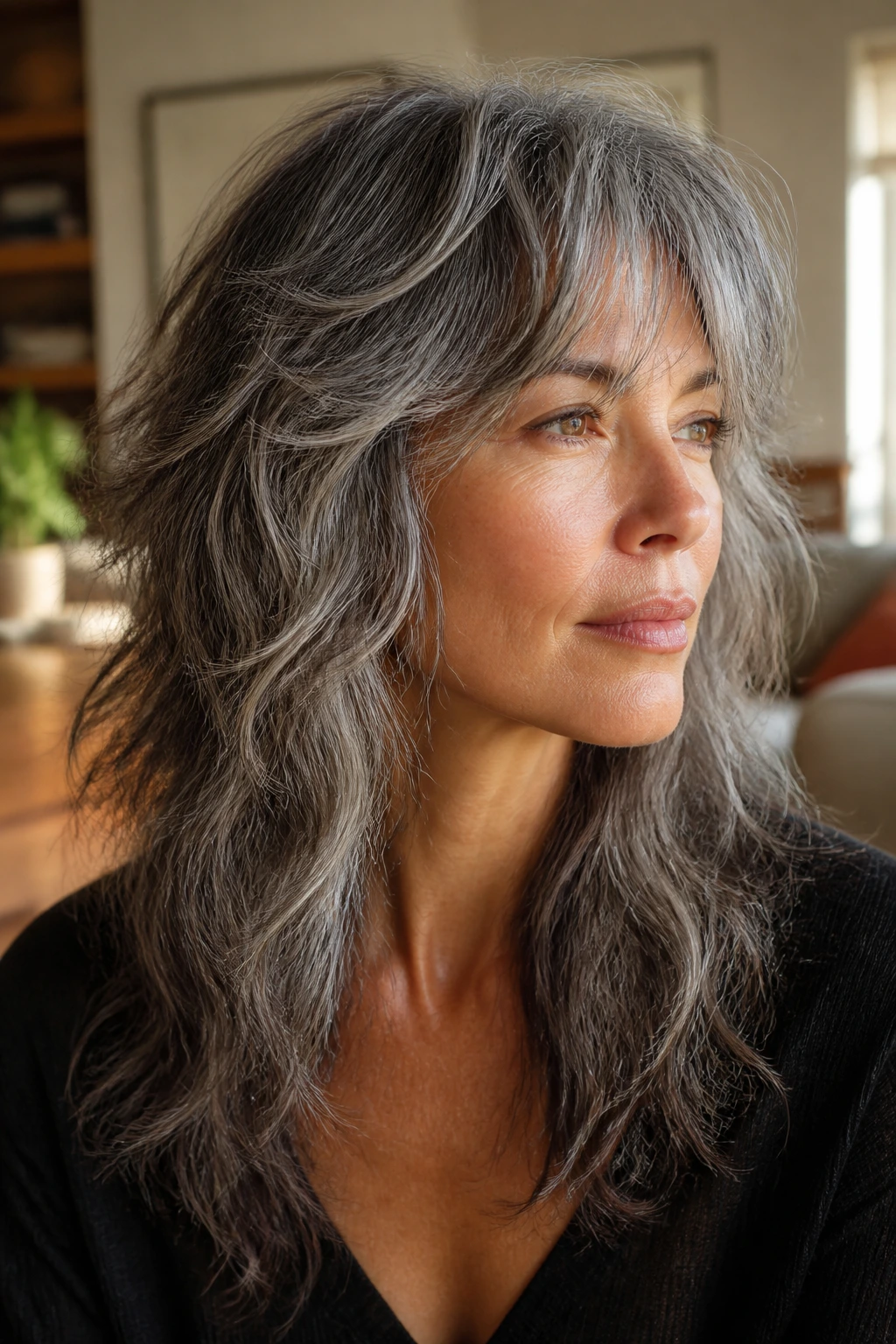 Portrait of a real person with salt-and-pepper wolf cut and natural silver-gray tones.
