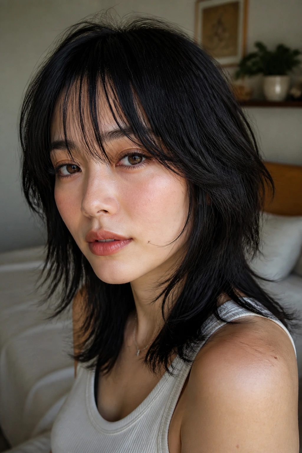 Close-up of a real woman with see-through bangs and a wolf cut in natural window light