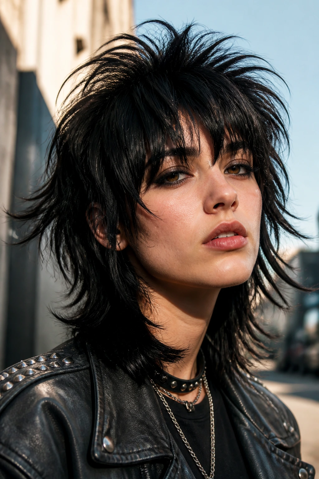 Portrait of a person with wolf cut shag and heavy crown layers, wind-blown hair outdoors.