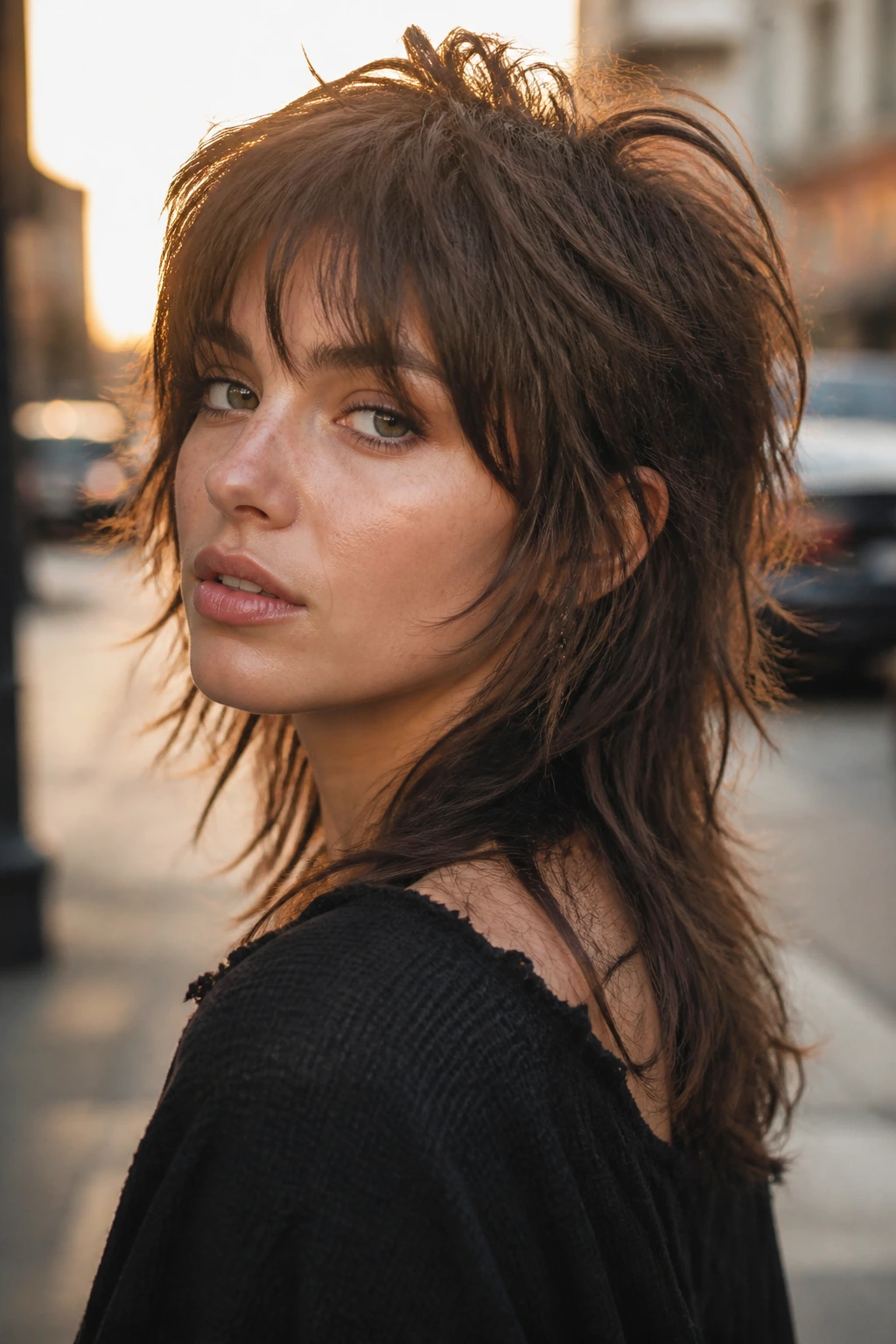 Close-up portrait of a real woman with wolf cut shag in urban light