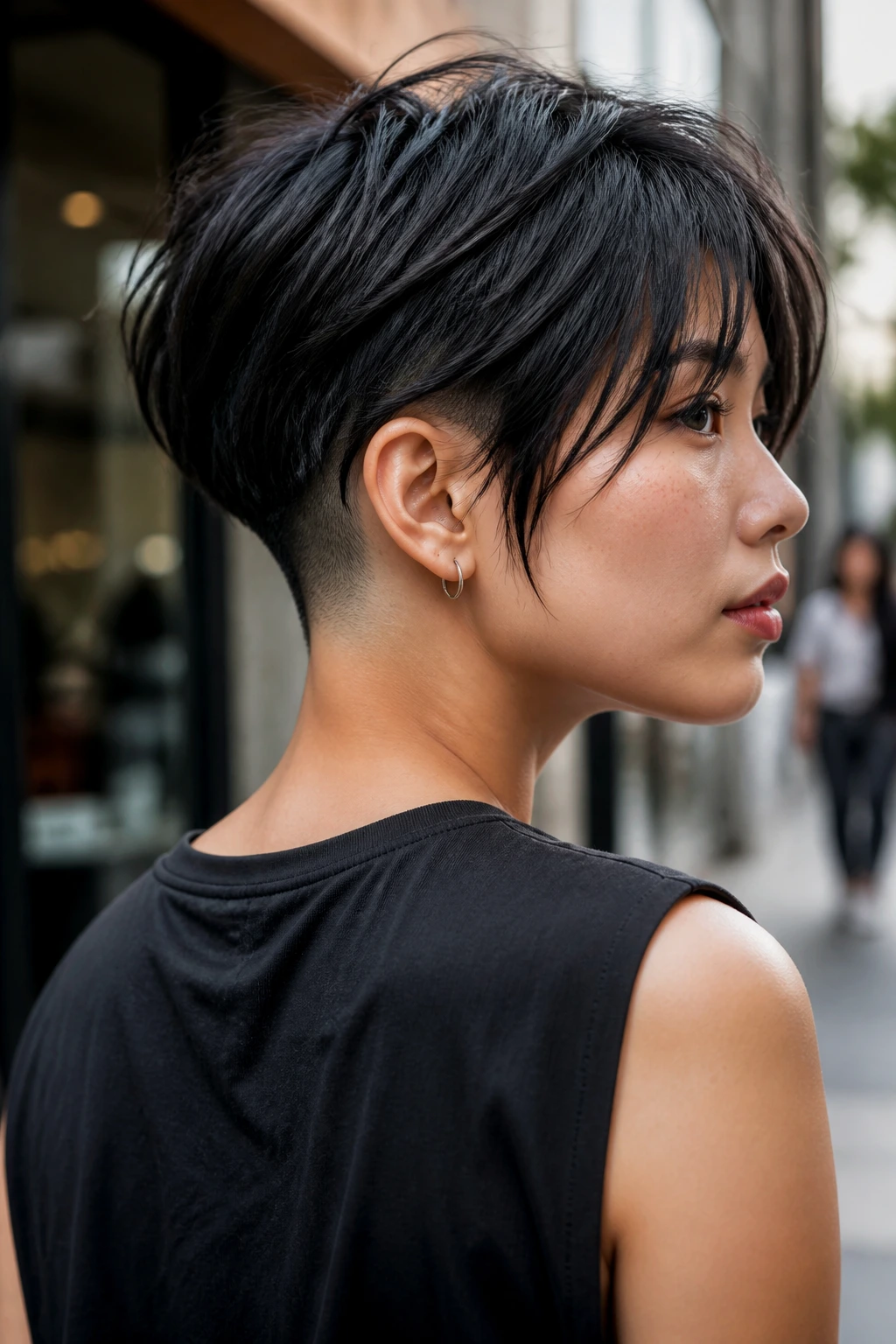 Real woman with wolf cut and shaved nape, showing textured top and clean back.