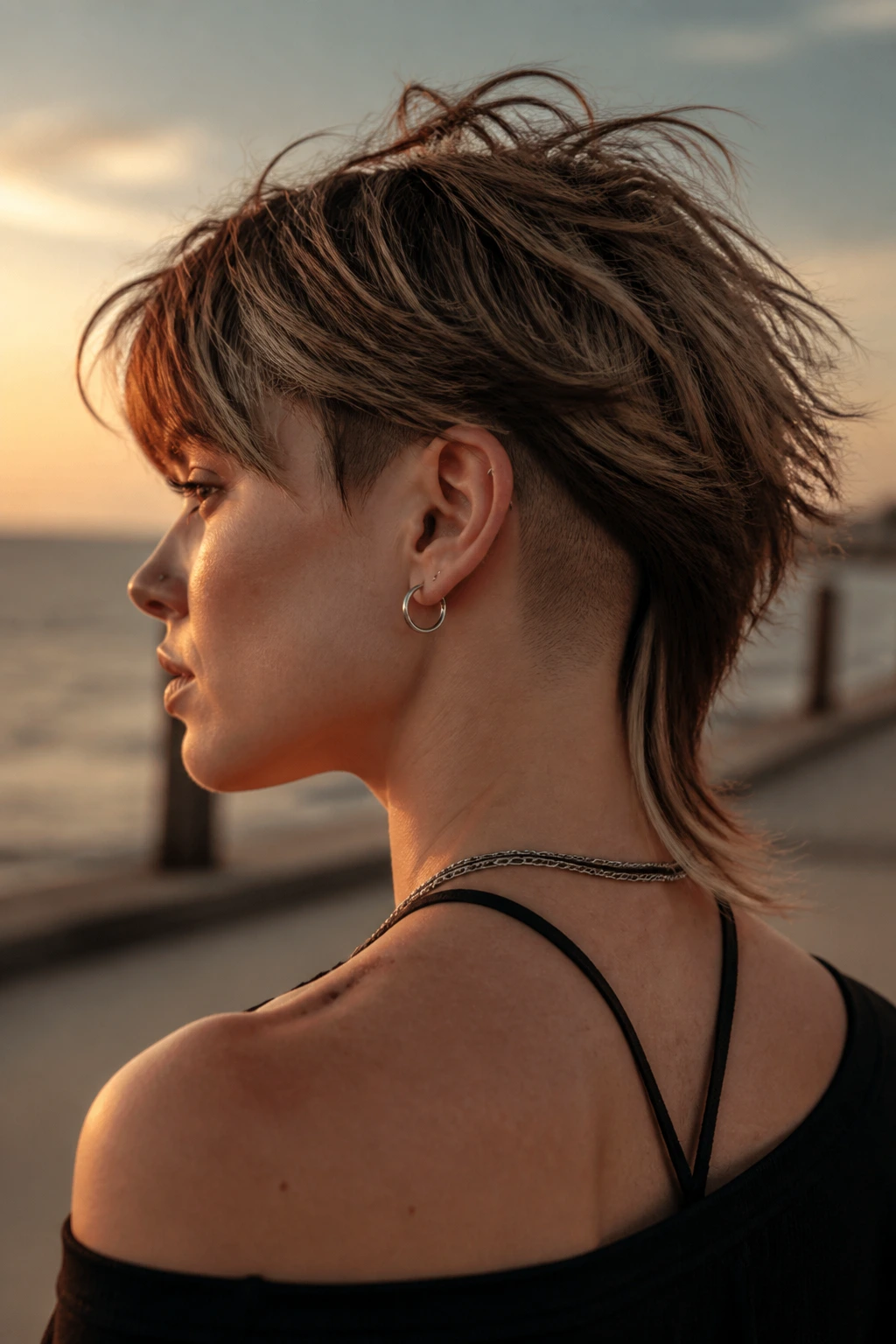 Close-up portrait of a person with wolf cut and shaved nape