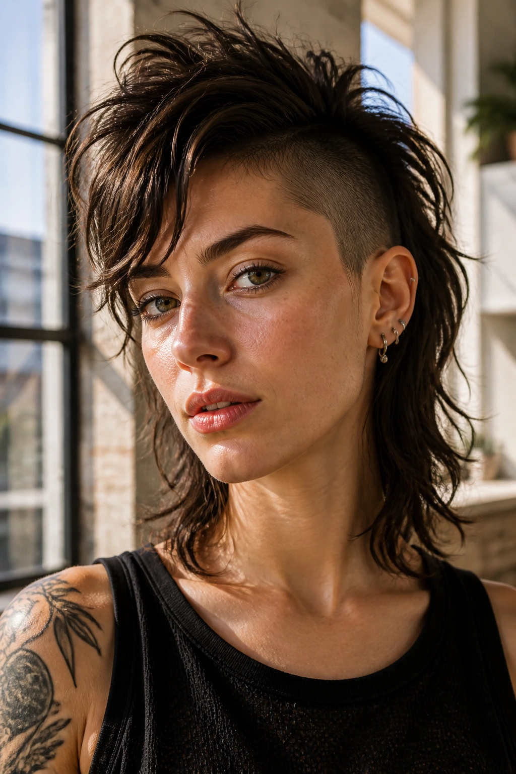 Portrait of a woman with a wolf cut and shaved sides in natural light