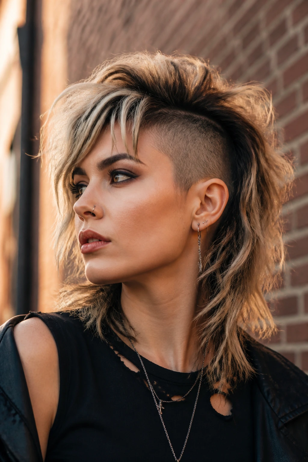 Close-up of a real person with a side-shaved wolf cut and shaved temple