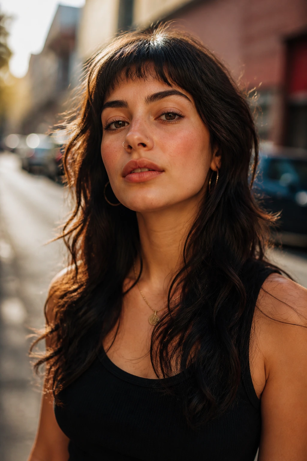 Close-up portrait of a real woman with wolf-cut lengths and short bangs in urban light.