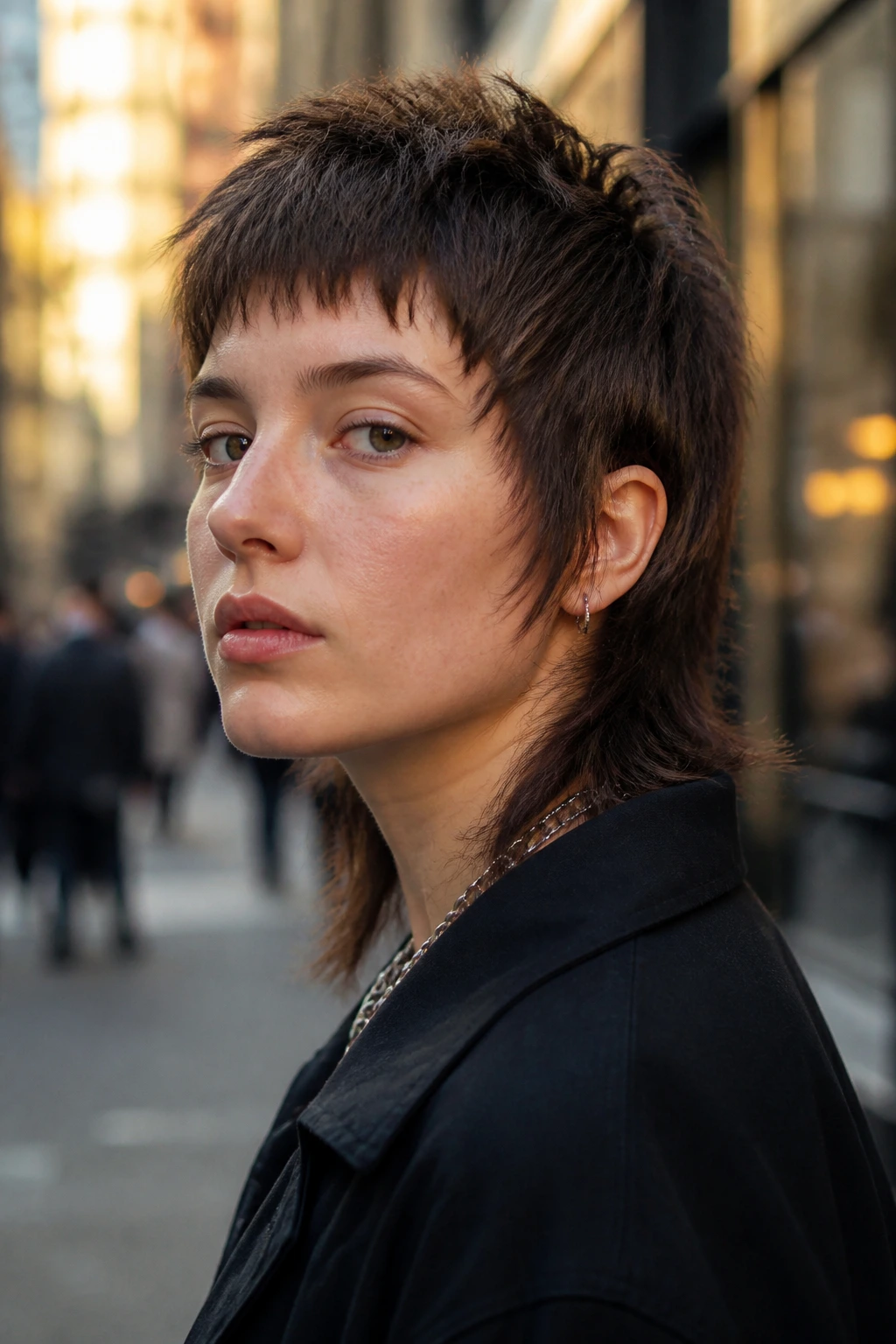 Close-up portrait of a real person with a wolf cut and short crown