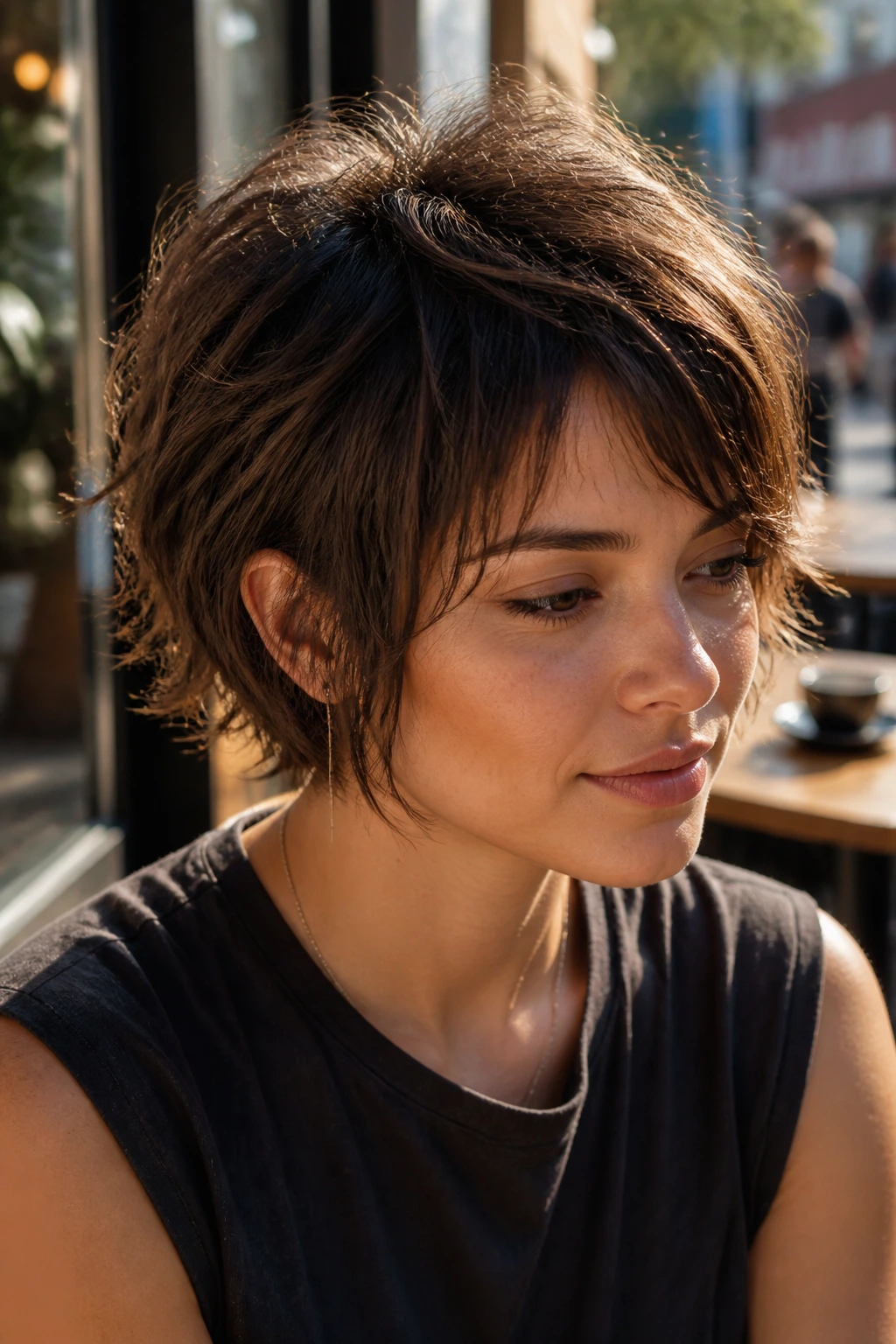 Close-up portrait of a real woman with wolf-cut lite for short hair outdoors in daylight