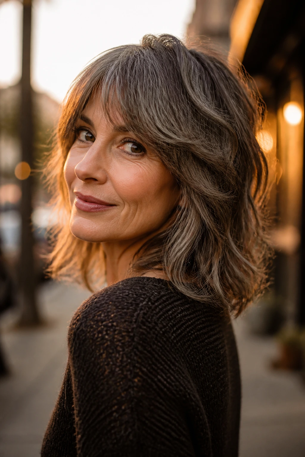 Portrait of a real woman with a shoulder-length wolf cut and soft edges.