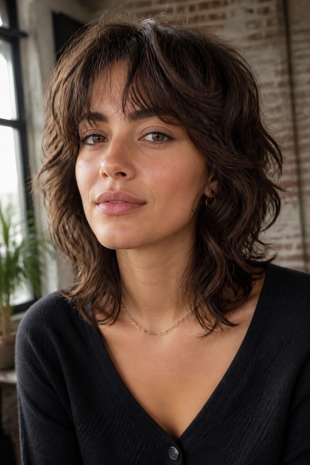 Portrait of a woman with a shoulder-length wolf cut