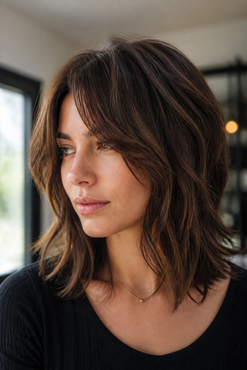 Close-up of a real woman with shoulder-length wolf-cut lite and curtain bangs