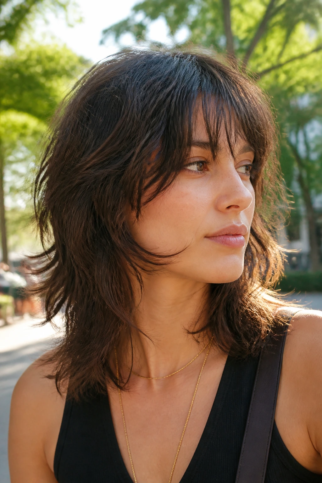 Medium close-up of a real woman with a grown-out wolf cut and real edge.