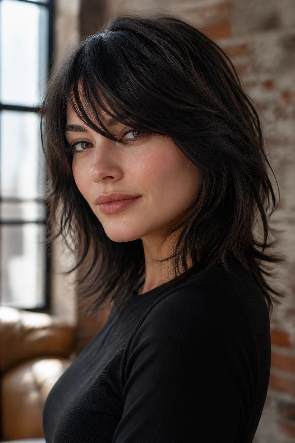 Close-up portrait of a real person with a wolf cut and side bangs