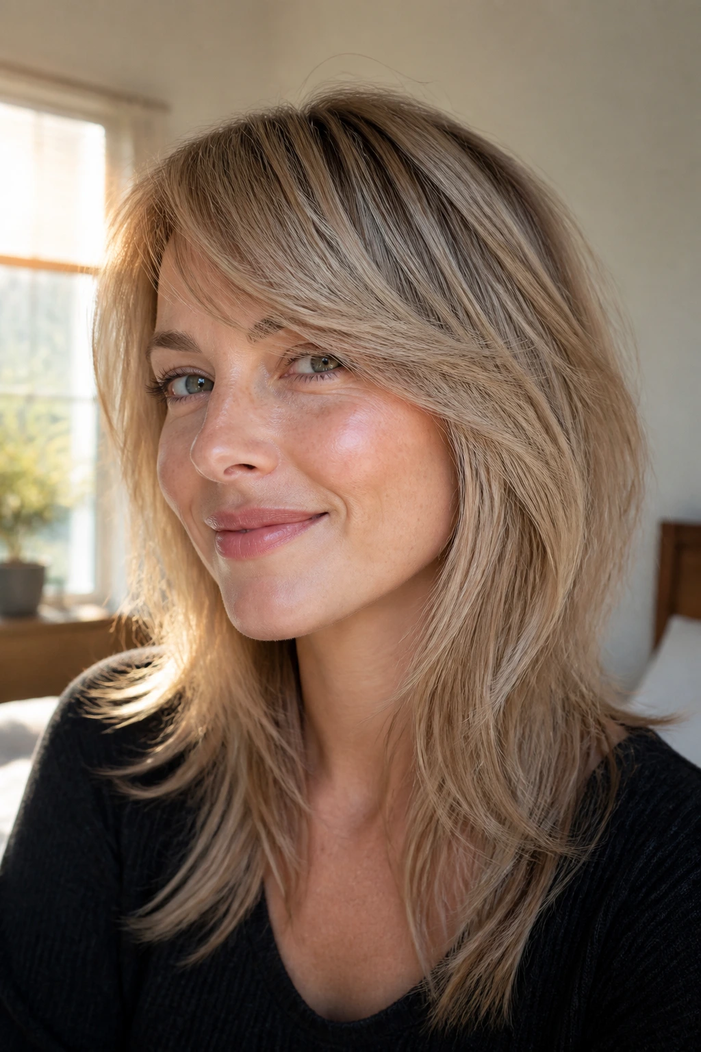 Close-up of a real woman with a fine-hair wolf cut and light side-swept fringe in sunlit bedroom