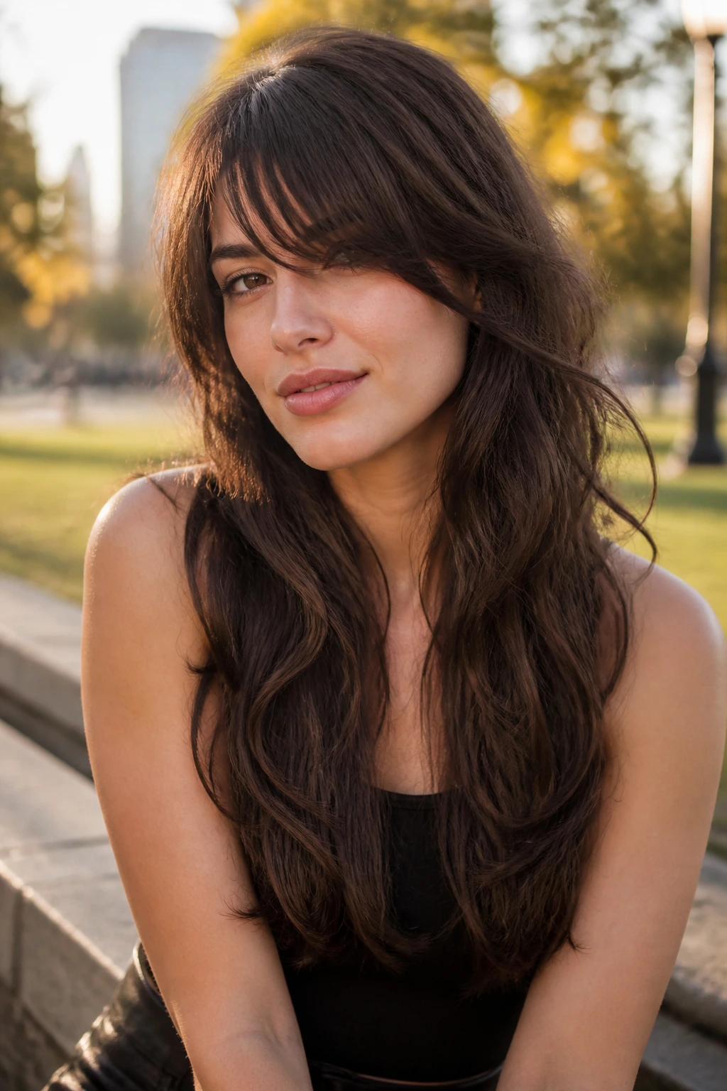 Close-up of a real person with long wolf cut and side bangs in golden-hour outdoor setting