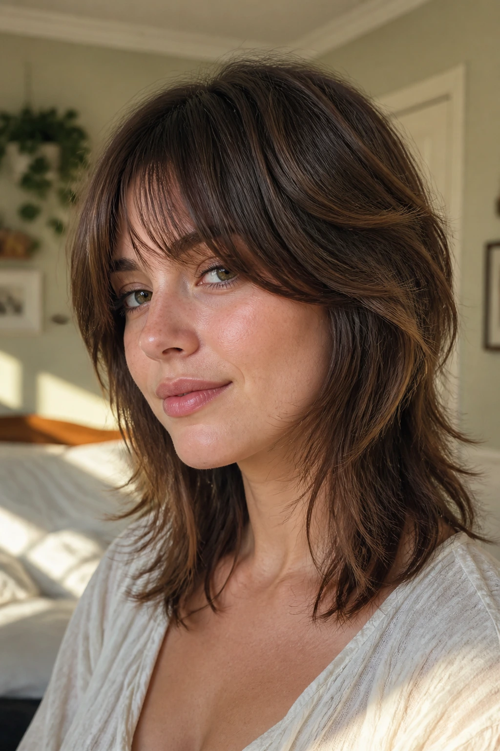 Close-up portrait of a real person with a soft air-dry wolf haircut and side bangs