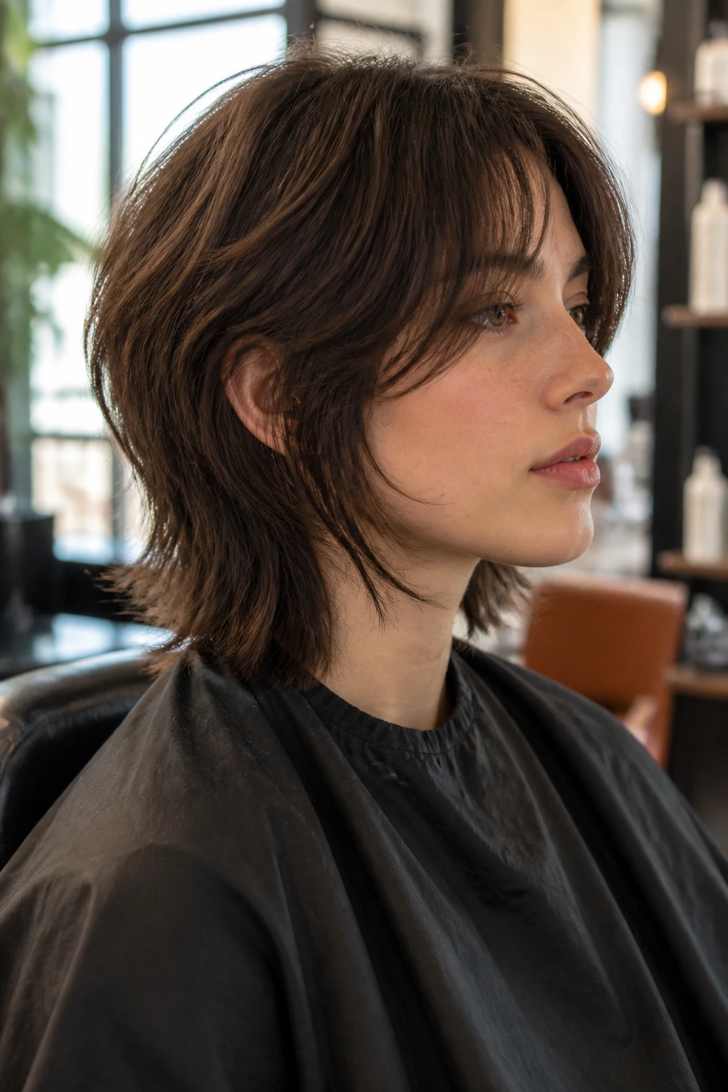 Close-up of a real woman in a salon chair showing the silhouette of a mini wolf cut with face-framing layers