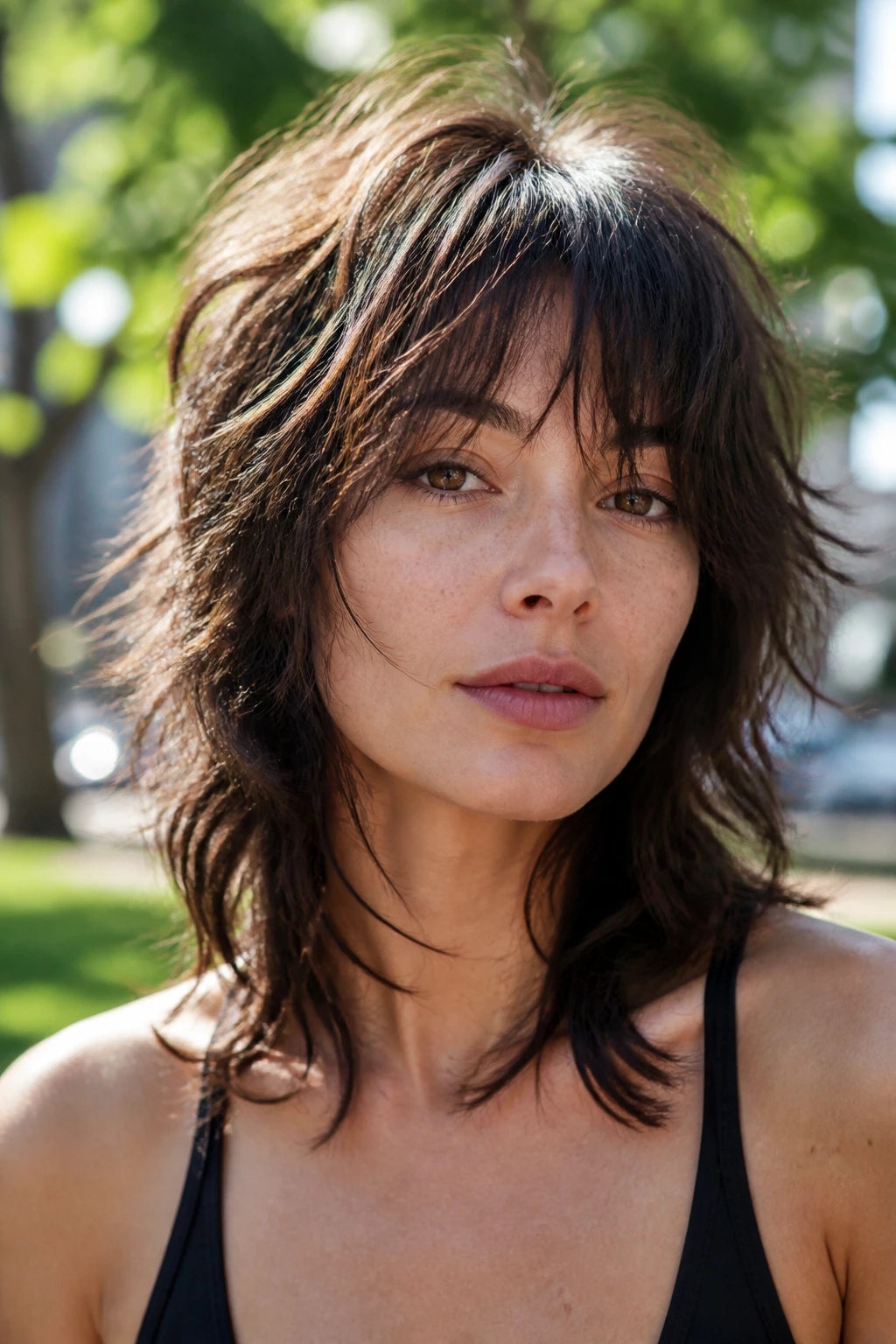 Portrait of a woman with a wavy wolf cut and sliced fringe outdoors