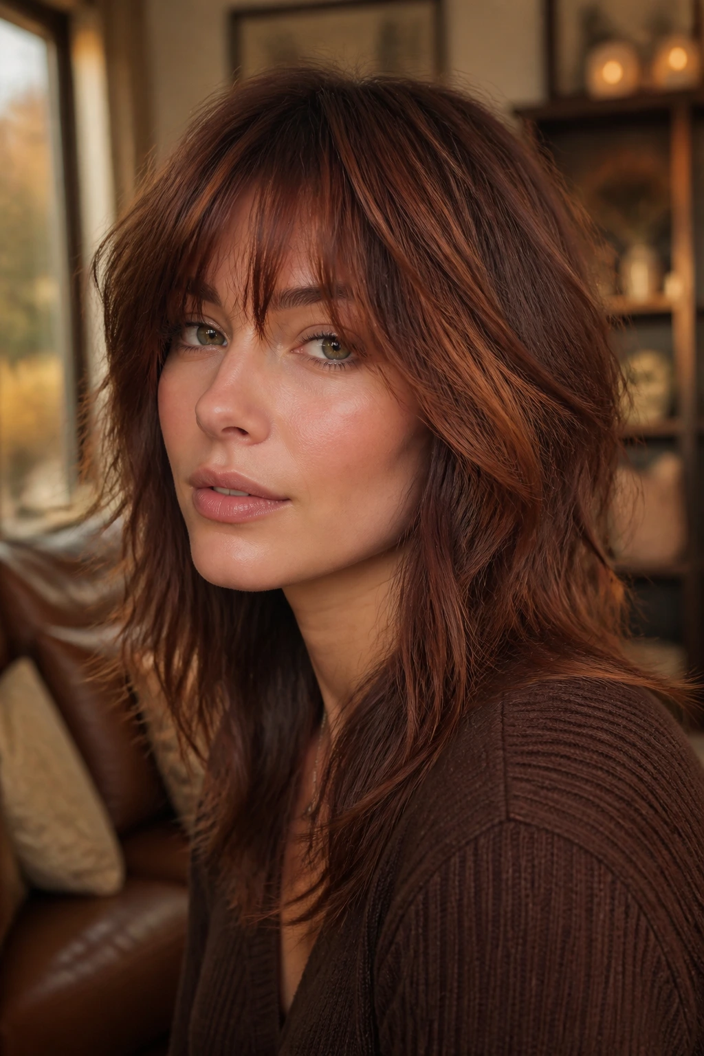 Close-up portrait of a real woman with smoky auburn wolf cut and feathered fringe.