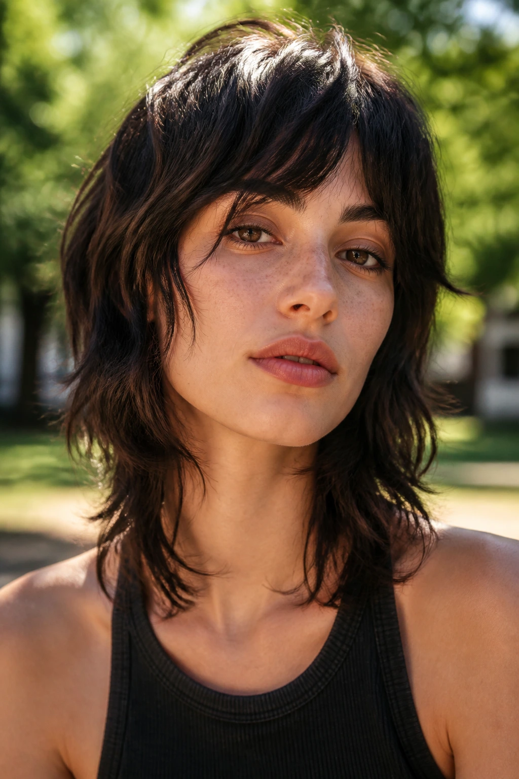 Portrait of a woman with a soft wolf cut and choppy ends.